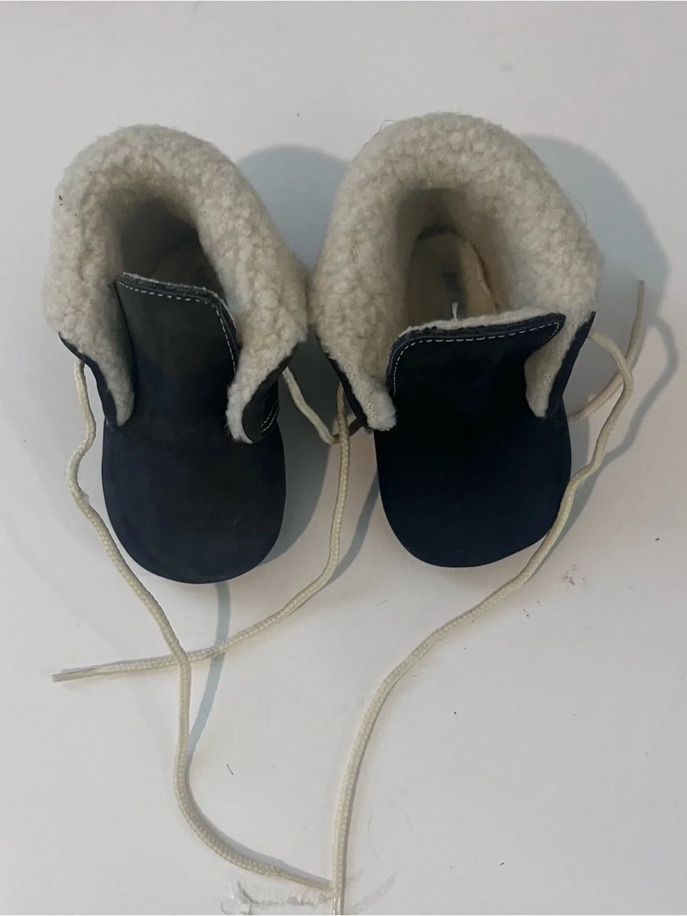 Kidex Vintage?? Baby Booties Feaux Fur Lined Navy Blue Tie Size 0 Good Condition
